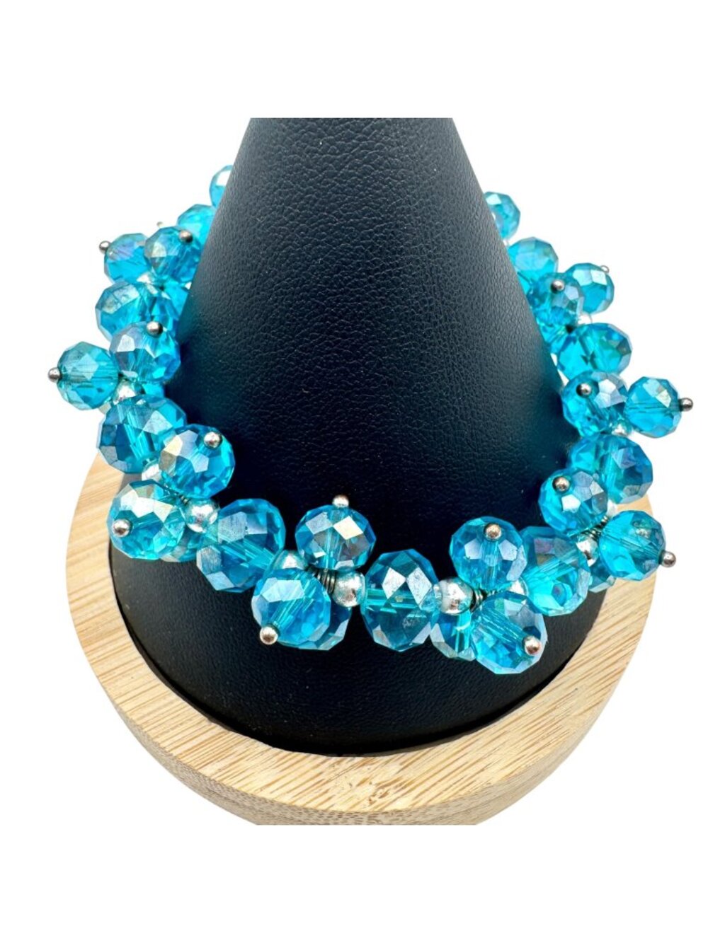 Blue Glass Cha Cha Bead Bracelet Aqua Silver Tone Beachy Coastal Stretch